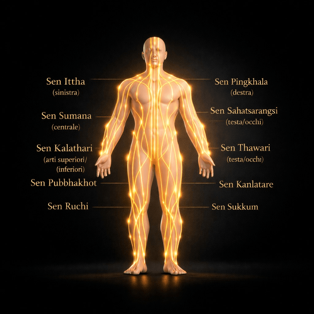 Diagramma delle linee energetiche Sen del massaggio tradizionale thailandese